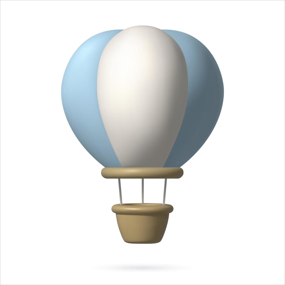 Hot Air Balloon 3d icon. Cute realistic vector illustration. Adventure, travelling concept. Three dimensional baby cartoon aerostat design element in pastel blue color on white background.