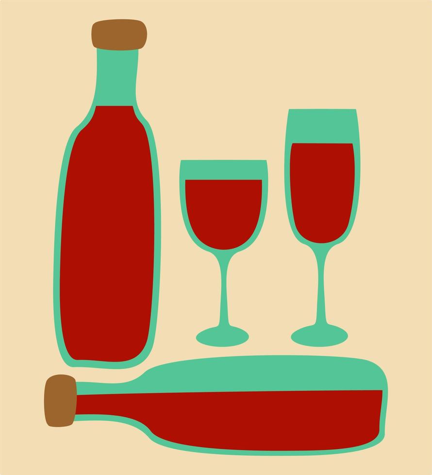 Wine bottles and wineglasses with red wine. Vector isolated illustration.