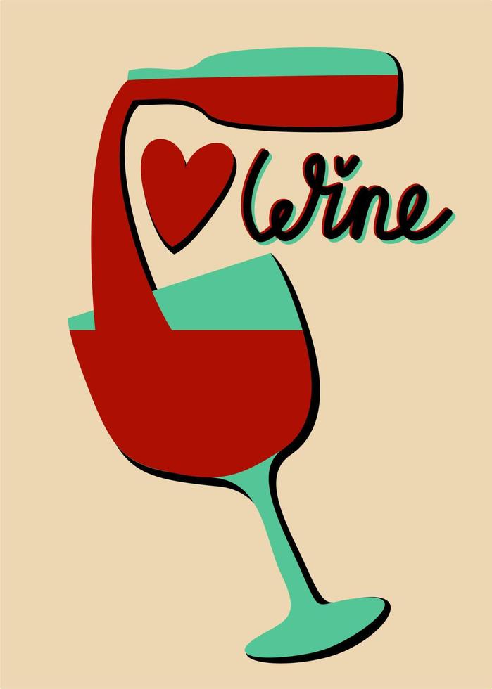 I love wine. Bottle of red wine. Wineglass. Vector isolated illustration.