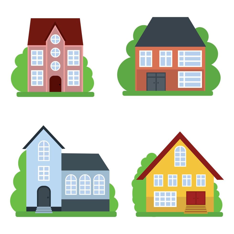 Townhouse cottage and various real estate modern and retro buildings icons simple black silhouette set isolated vector illustration
