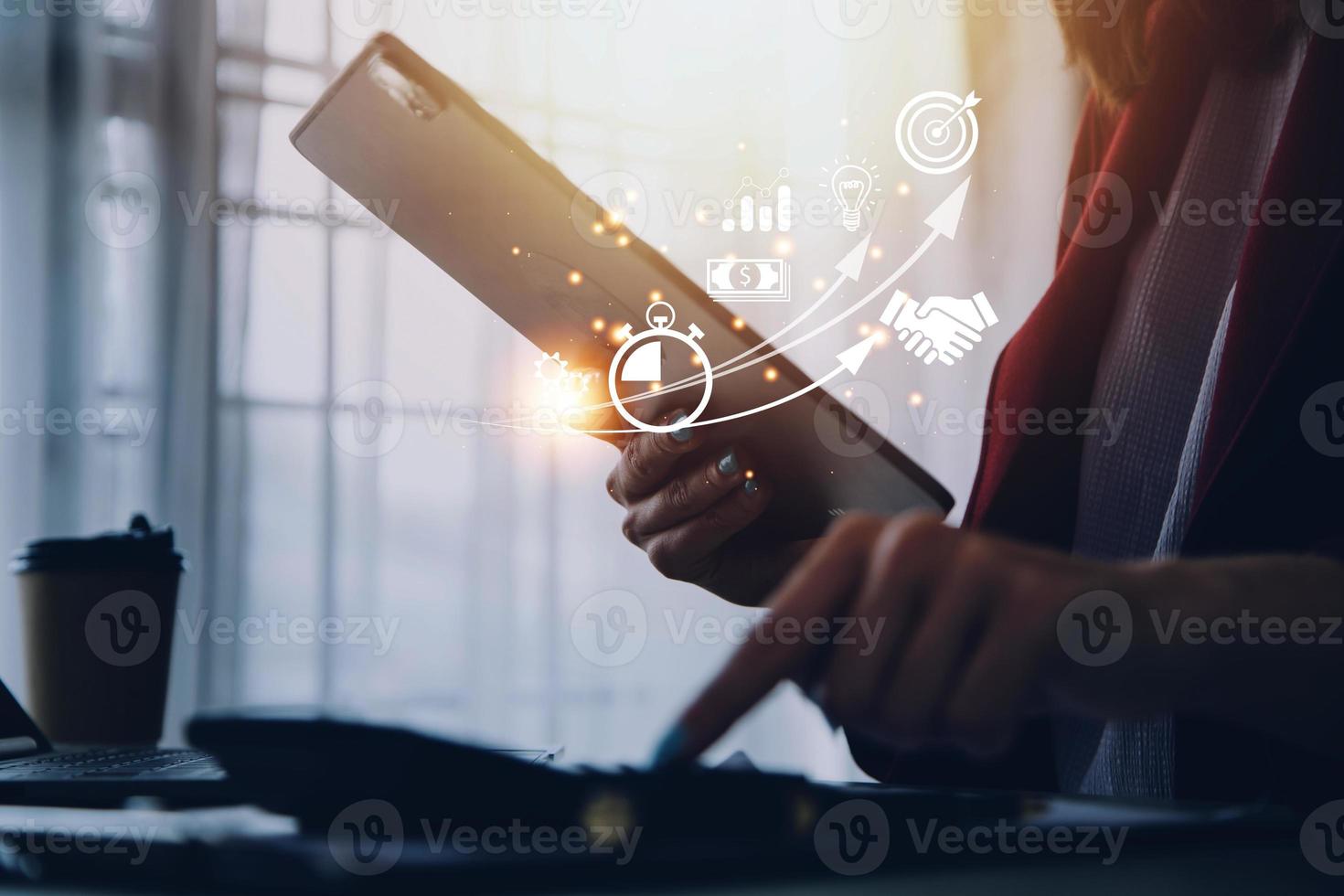 Startup concept with icon business and network connection on modern virtual interface from digital tablet. man touching on tablet. online business, e-comers, online marketing photo