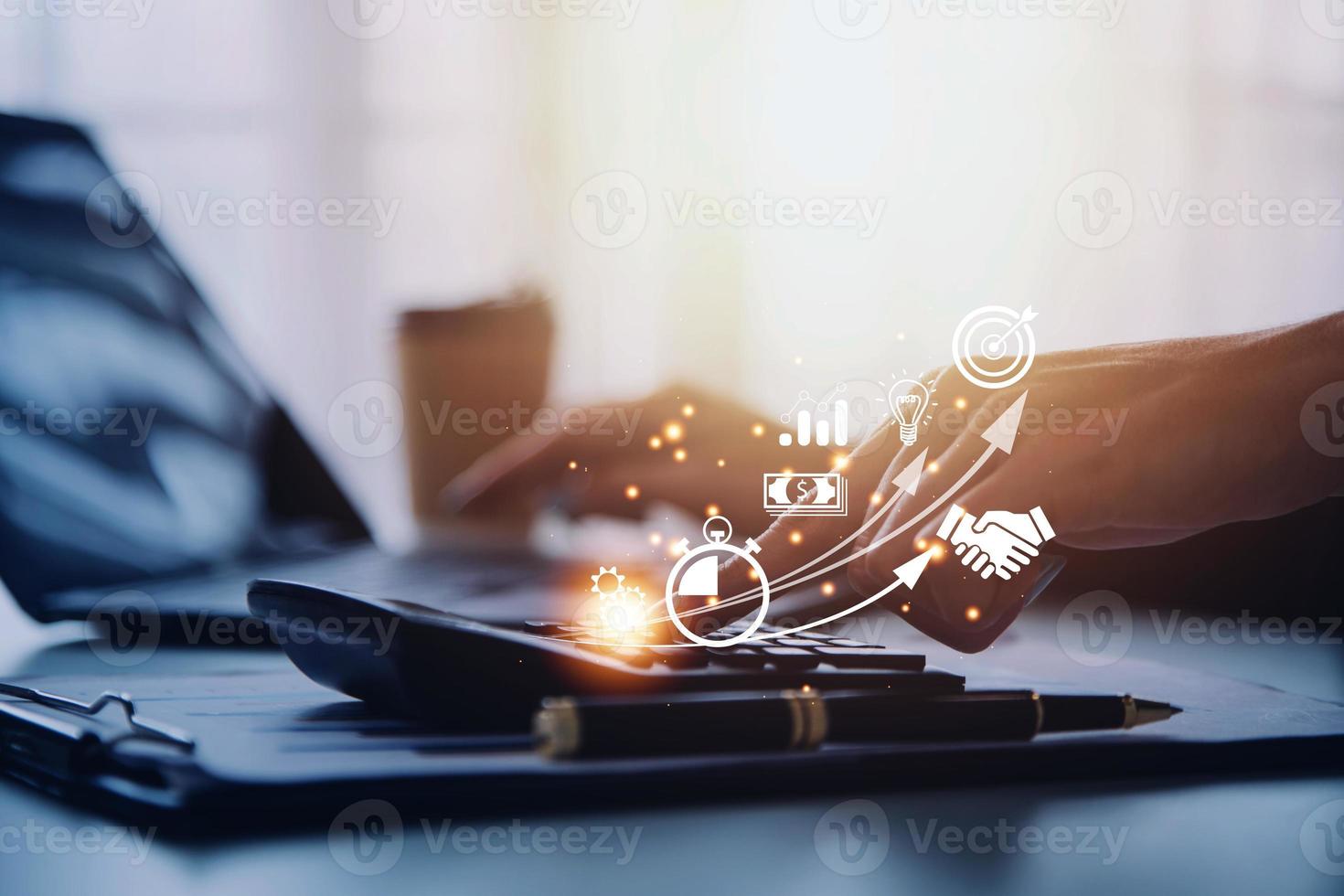 Startup concept with icon business and network connection on modern virtual interface from digital tablet. man touching on tablet. online business, e-comers, online marketing photo