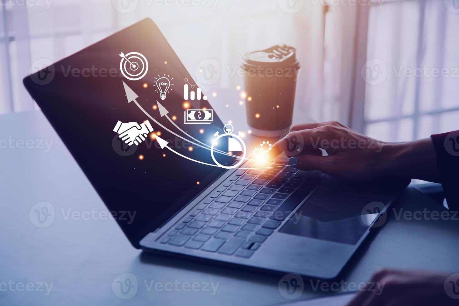 Startup concept with icon business and network connection on modern virtual interface from digital tablet. man touching on tablet. online business, e-comers, online marketing photo
