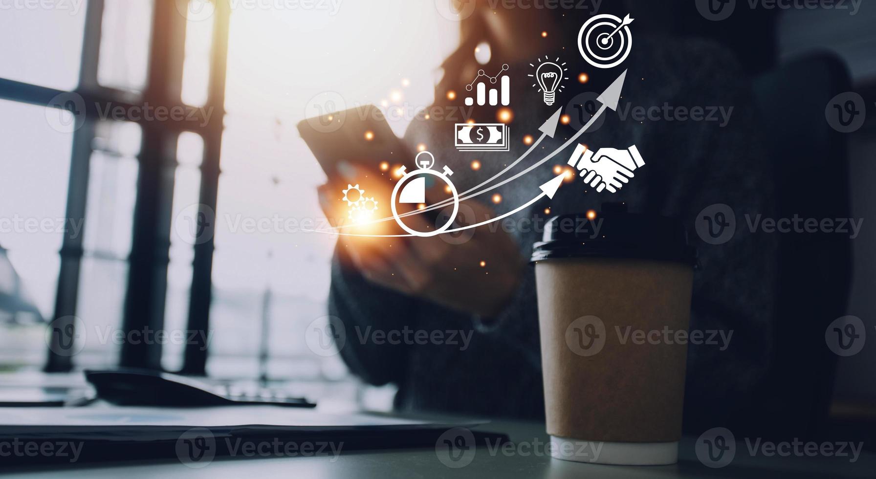 Startup concept with icon business and network connection on modern virtual interface from digital tablet. man touching on tablet. online business, e-comers, online marketing photo