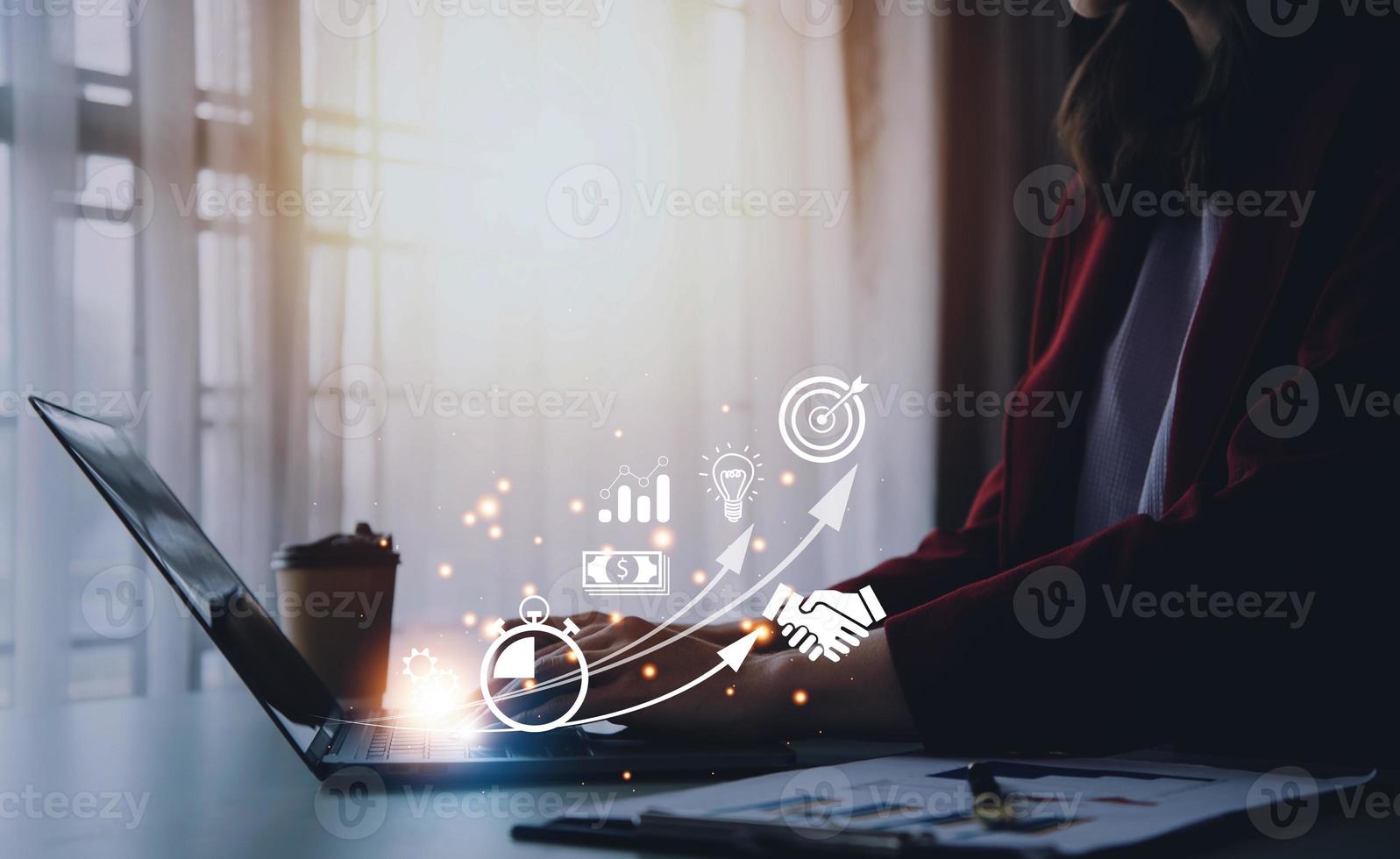 Startup concept with icon business and network connection on modern virtual interface from digital tablet. man touching on tablet. online business, e-comers, online marketing photo