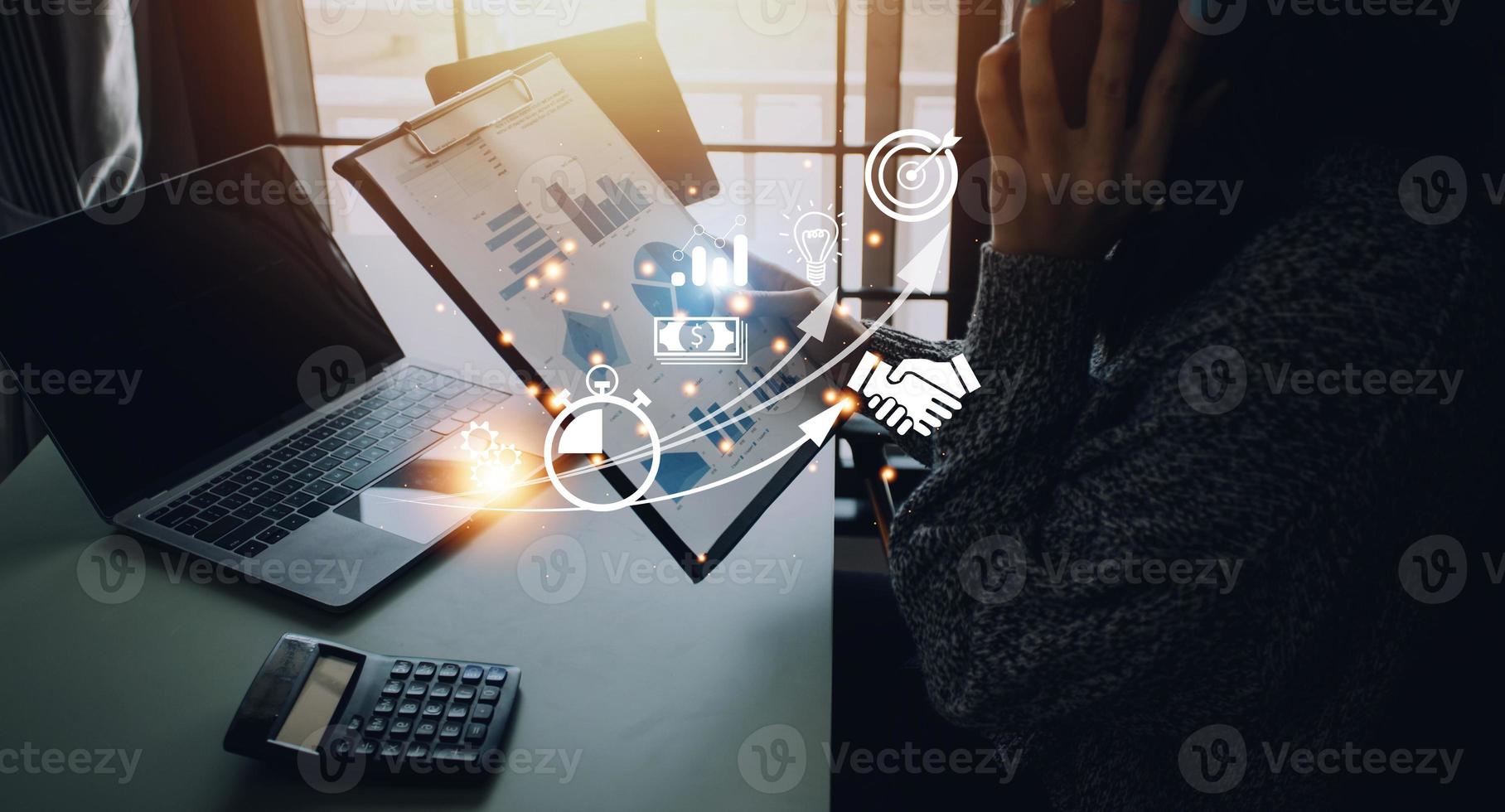 Startup concept with icon business and network connection on modern virtual interface from digital tablet. man touching on tablet. online business, e-comers, online marketing photo