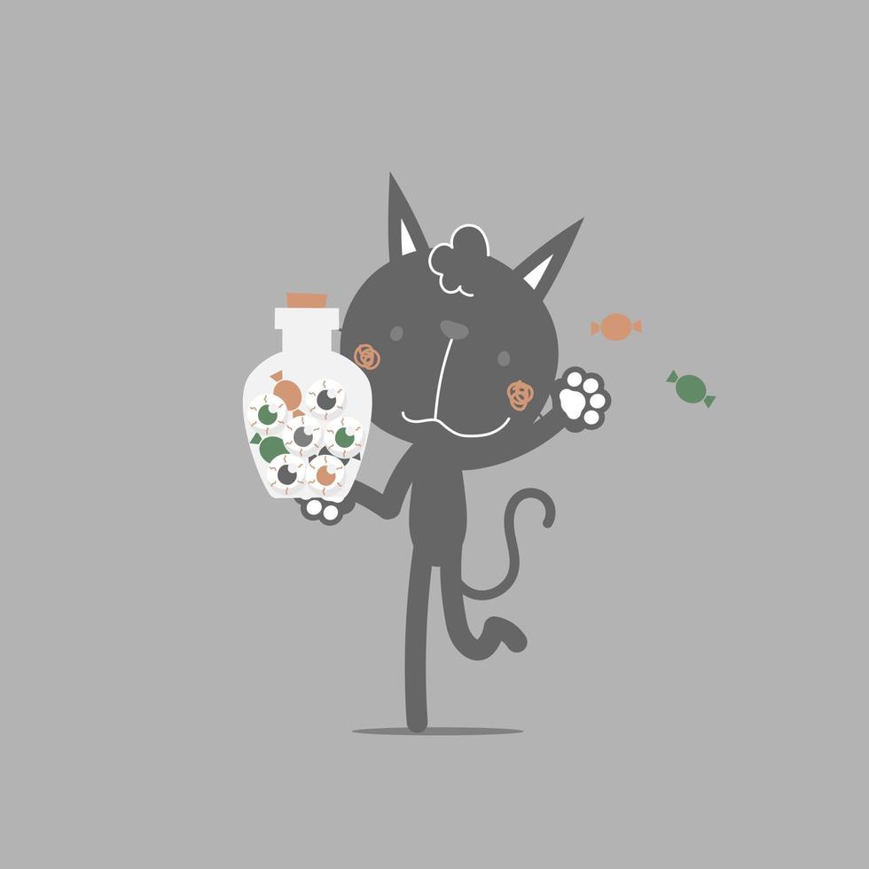 happy halloween holiday festival with cute black cat and jar of eyeball and candy, flat vector illustration cartoon character design