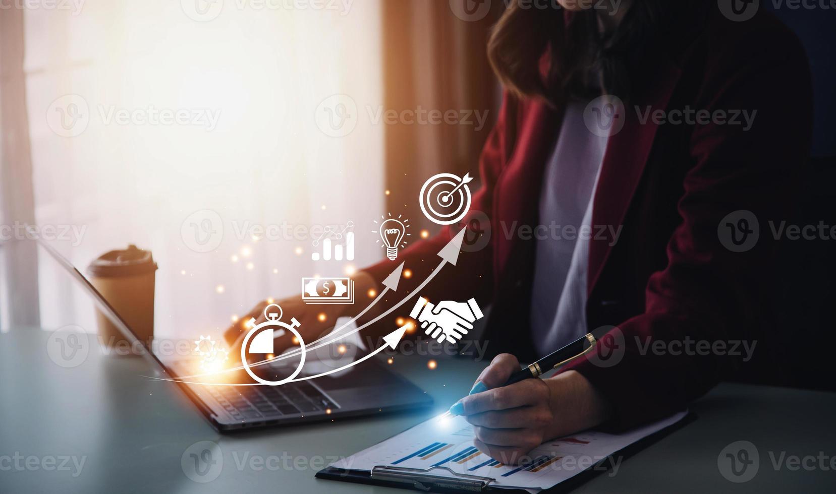 Startup concept with icon business and network connection on modern virtual interface from digital tablet. man touching on tablet. online business, e-comers, online marketing photo