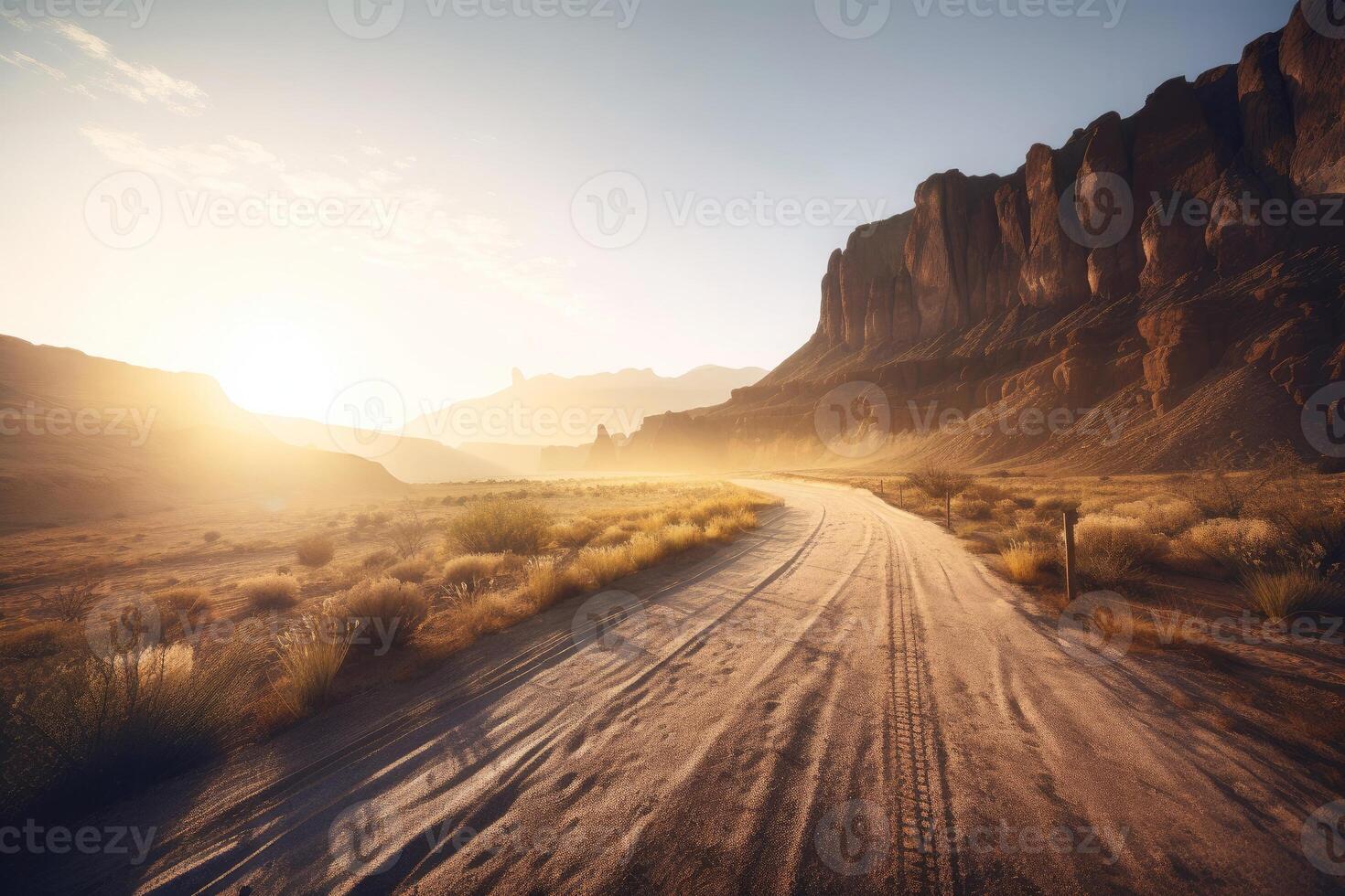 Derecho asfalto la carretera corriendo mediante un Desierto Valle flanqueado por imponente rocoso acantilados, ai generado foto