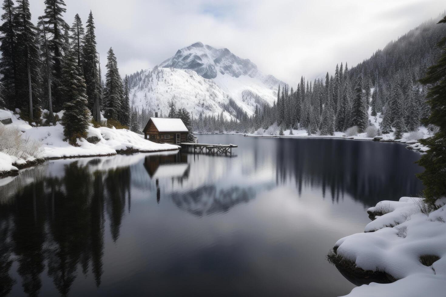 a rustic cabin sits perched on the shore, surrounded by snow-covered trees, photo