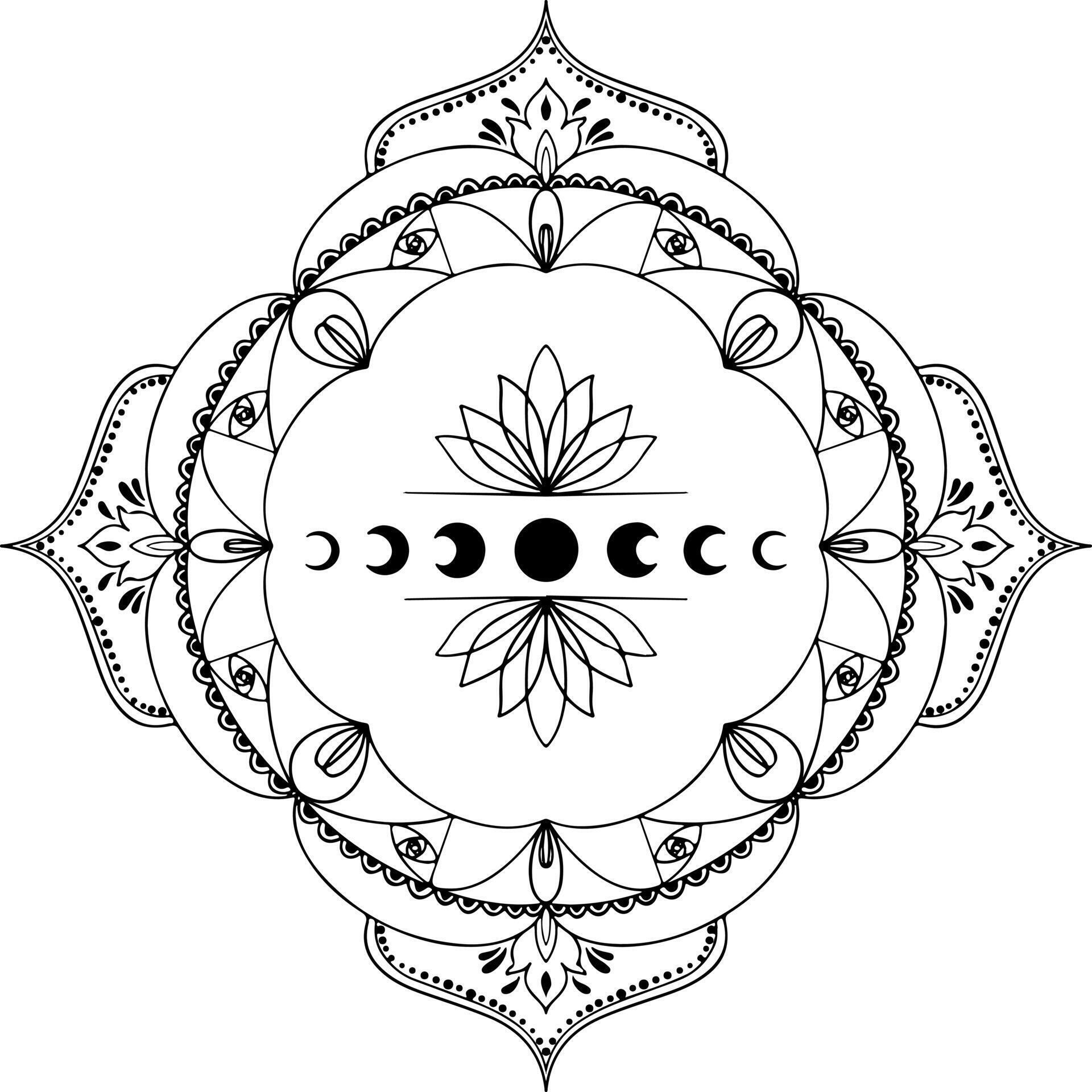 Mandala graphics line art. Mandala with the moon. The phase of the moon