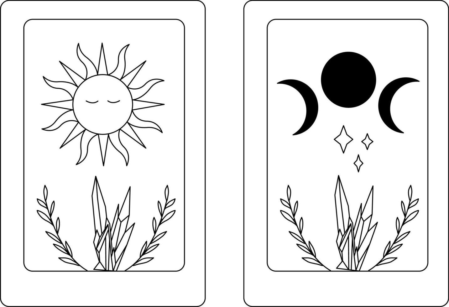 Illustration of the tarot card vector. Sun and moon line art vector. Minerals, crystals, leaves vector. vector