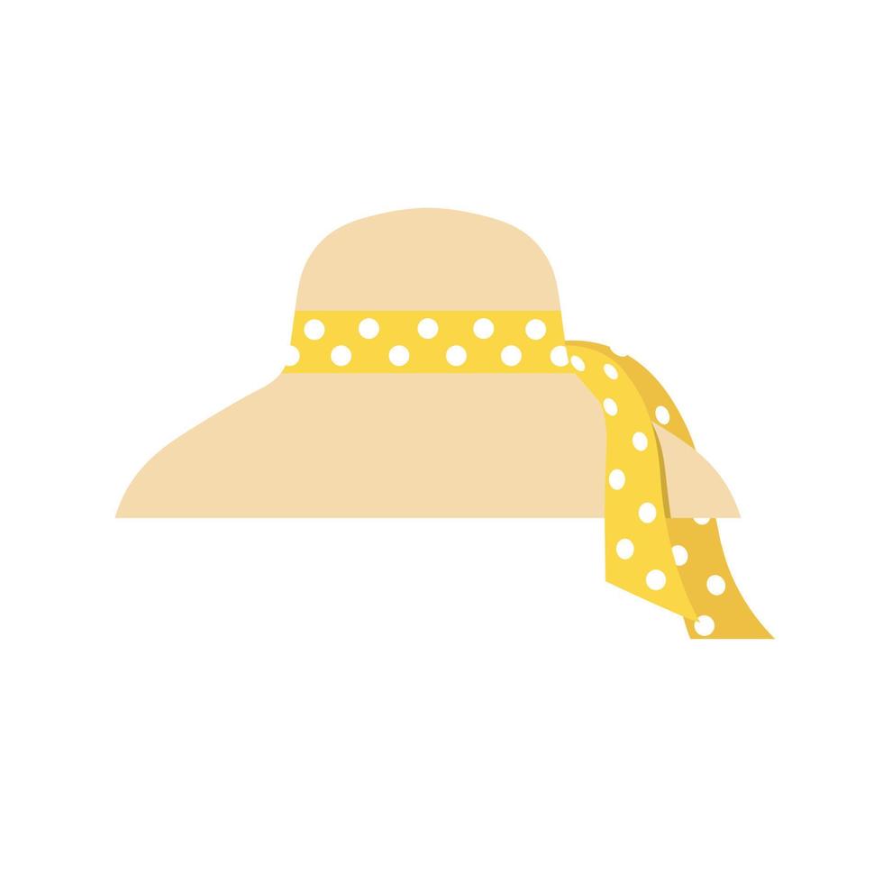 Straw beach hat flat vector in color. Item for summer time concept. Summer vacation, tropical holiday.