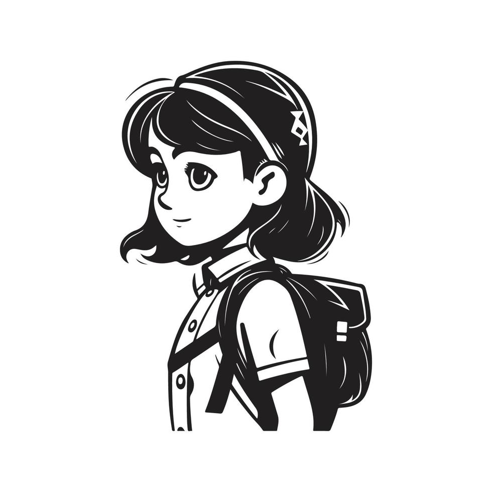 girl with a backpack, logo concept black and white color, hand drawn illustration vector