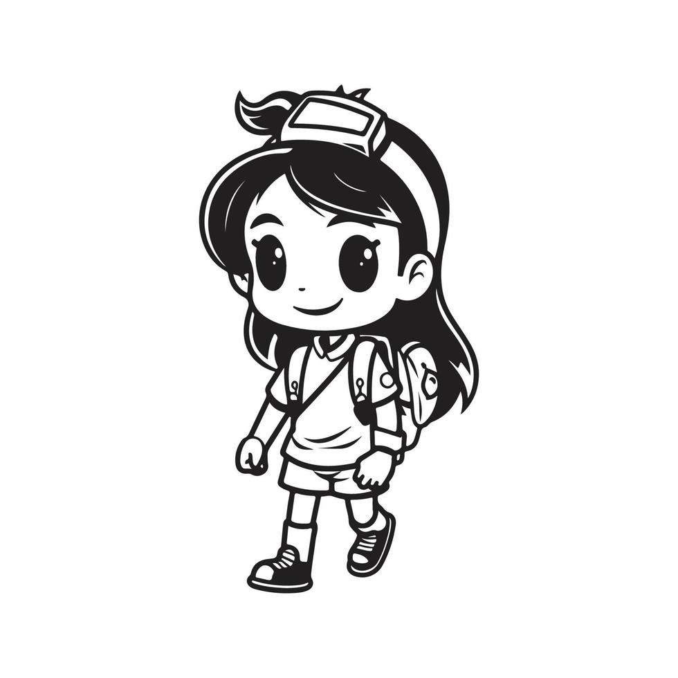 niña con un mochila, logo concepto negro y blanco color, mano dibujado ilustración vector