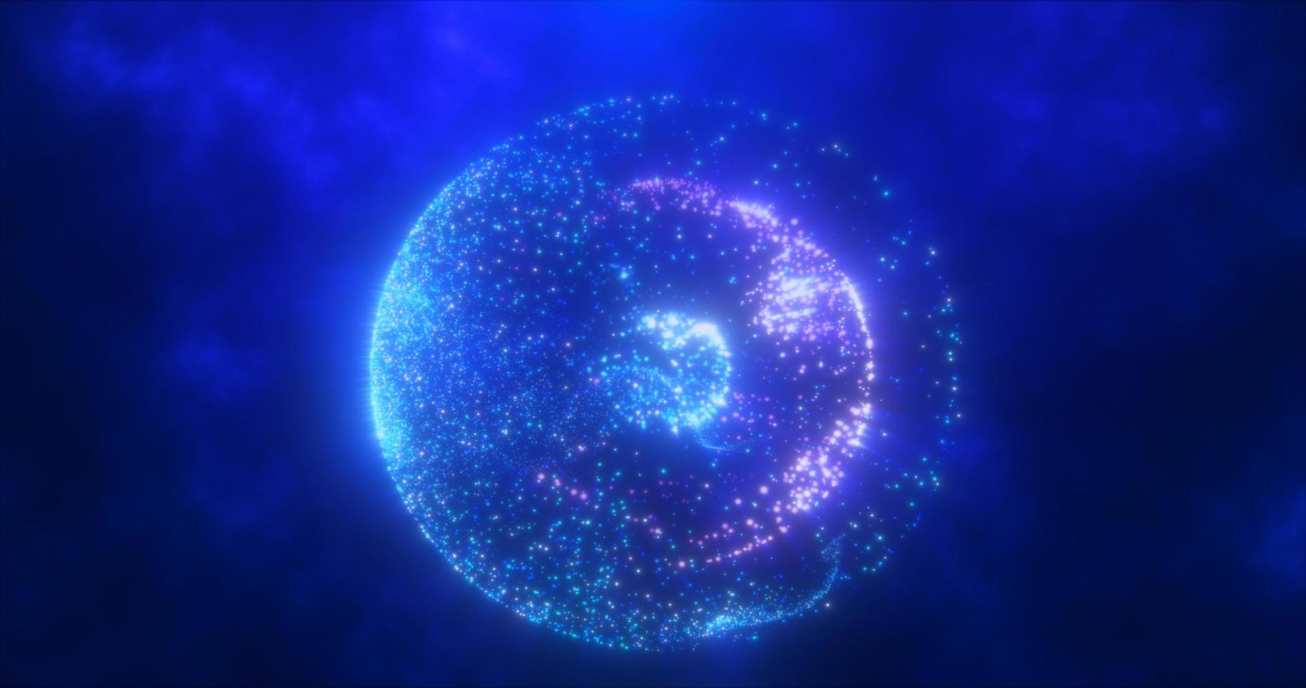 resumen redondo azul y púrpura esfera hecho de volador partículas brillante energía científico futurista átomo molécula de alta tecnología antecedentes foto