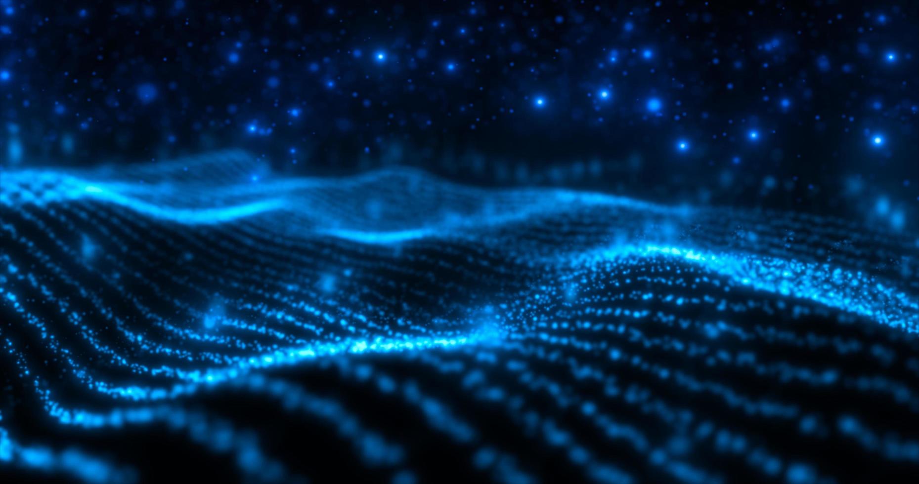 Abstract blue waves lines from particles and dots of energetic magic with glow effect and blur bokeh abstract background photo