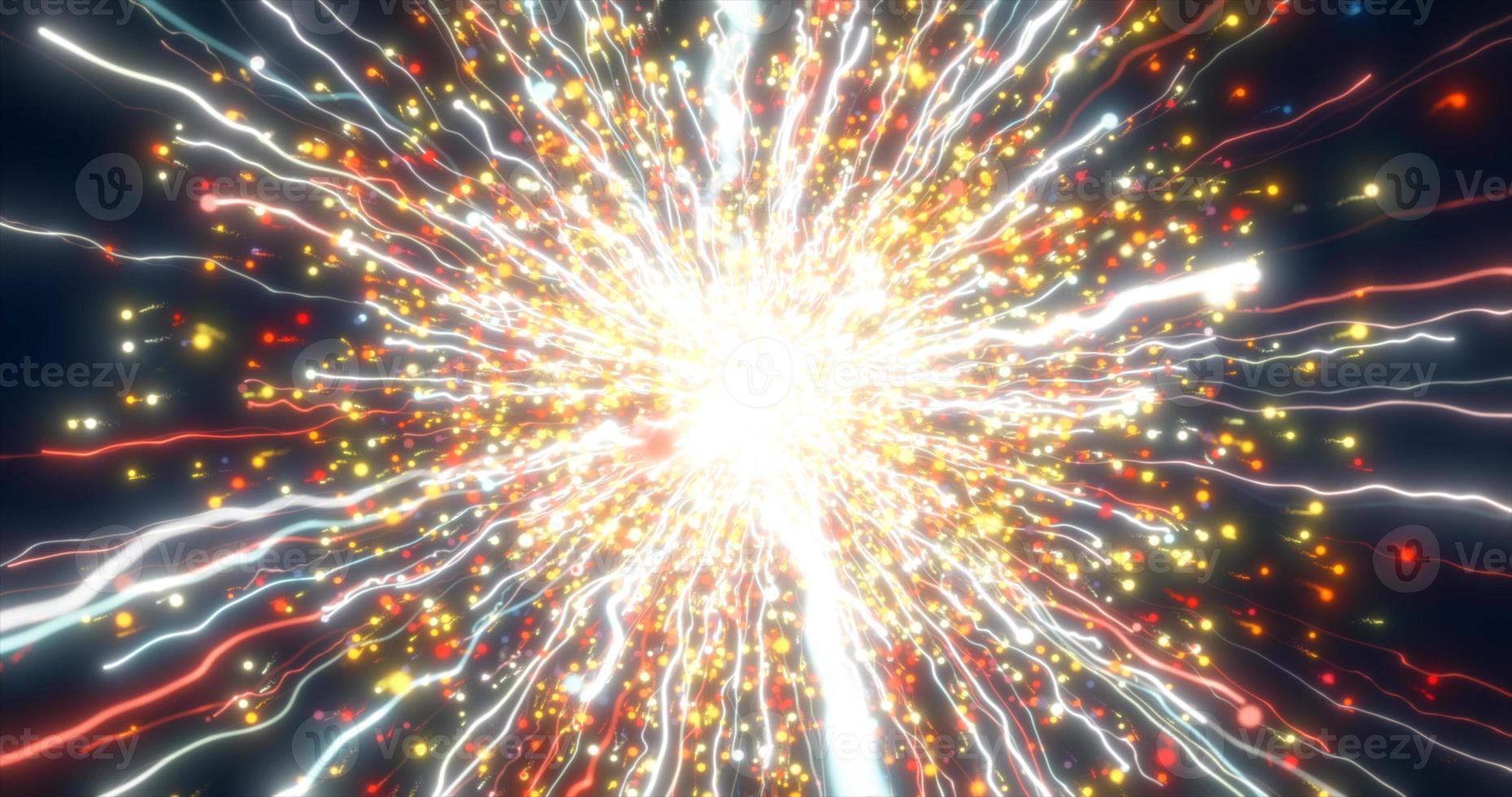 Abstract glowing energy explosion fiery whirlwind fireworks from lines and magic particles abstract background photo