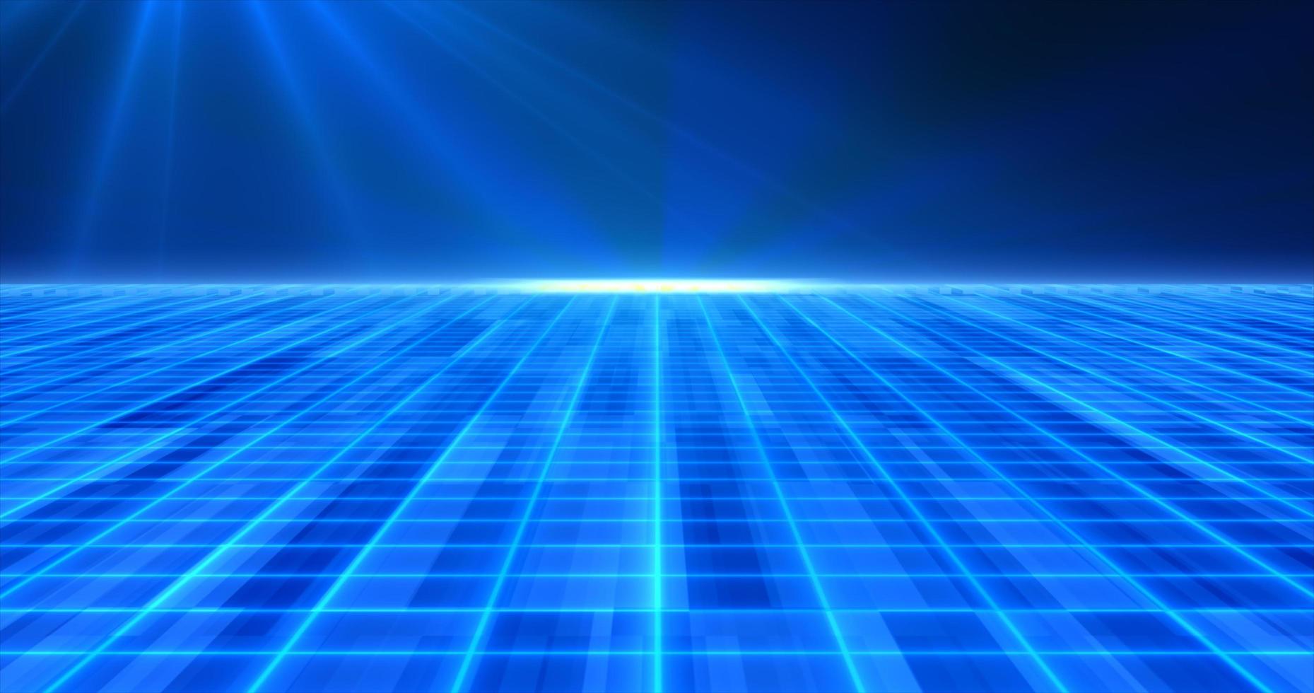 Abstract blue glowing neon laser grid retro futuristic high tech from 80s, 90s with energy lines on surface and horizon, abstract background photo