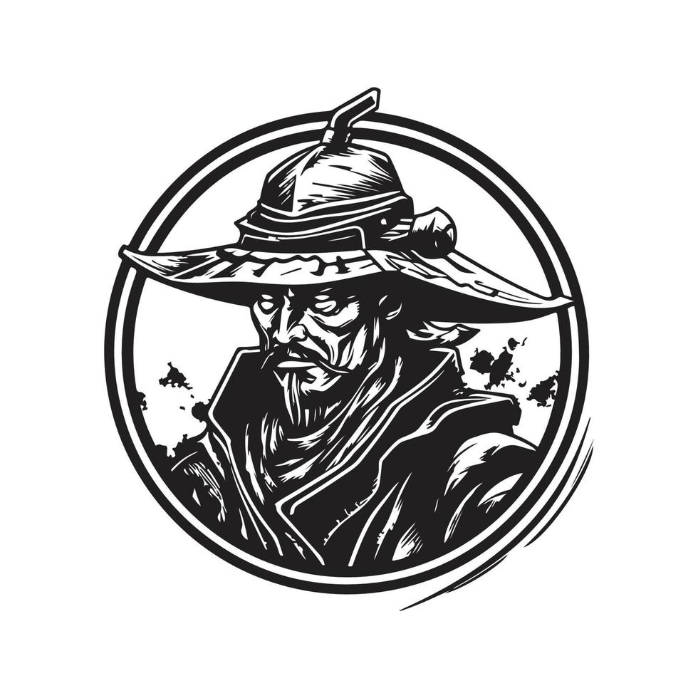 japanese samurai warrior, logo concept black and white color, hand drawn illustration vector