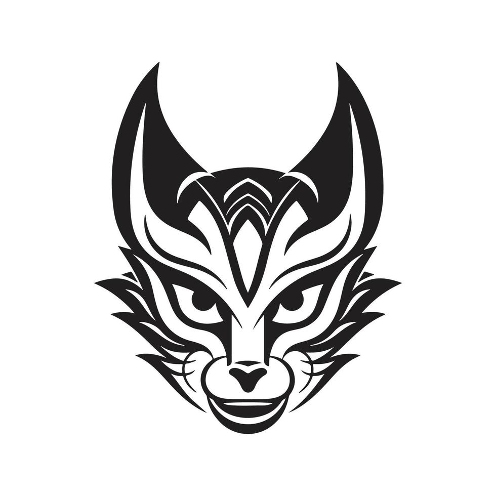japanese kitsune mask, logo concept black and white color, hand drawn illustration vector