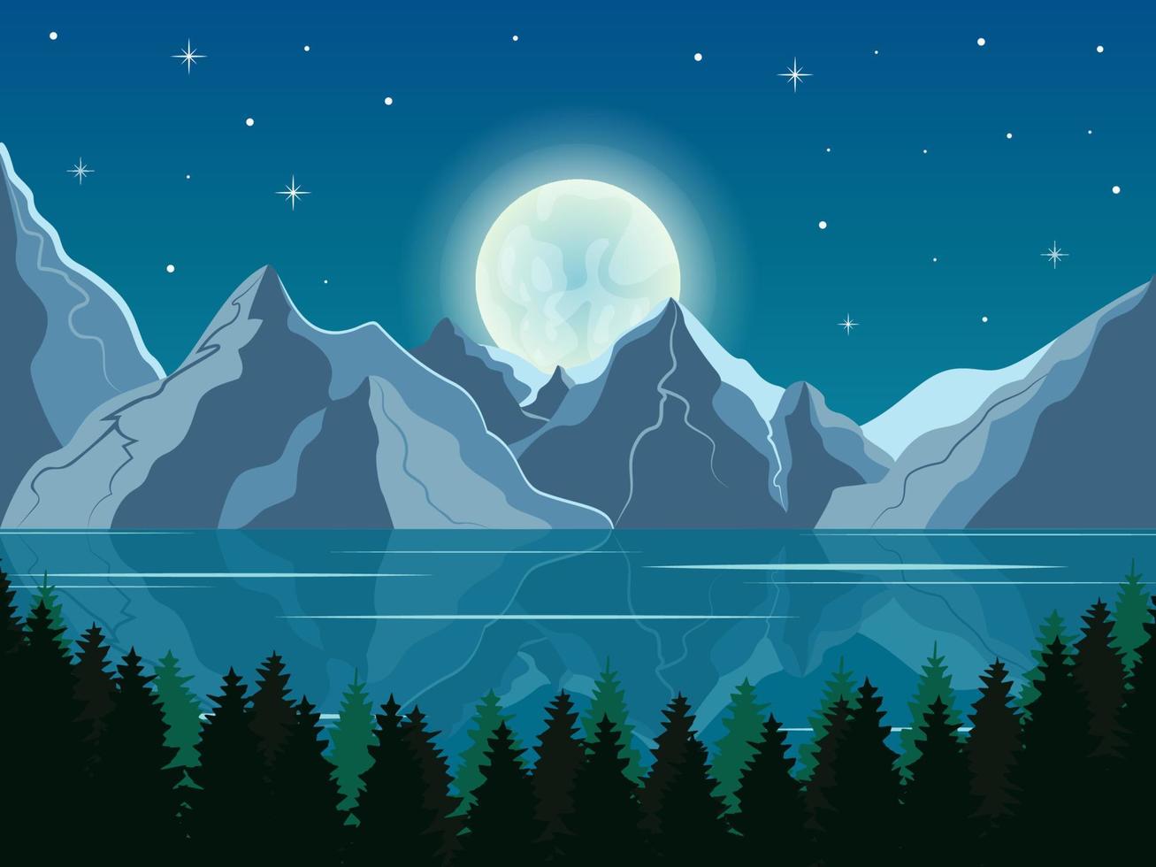 lleno Luna y montañas noche paisaje. vector ilustración con lago y bosque en reflexión