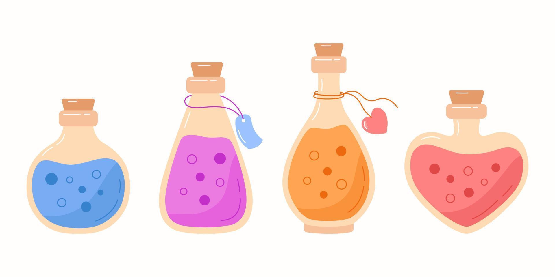 Collection of hand drawn magic potions and liquid elixirs in flat style. Witch potion bottles. vector