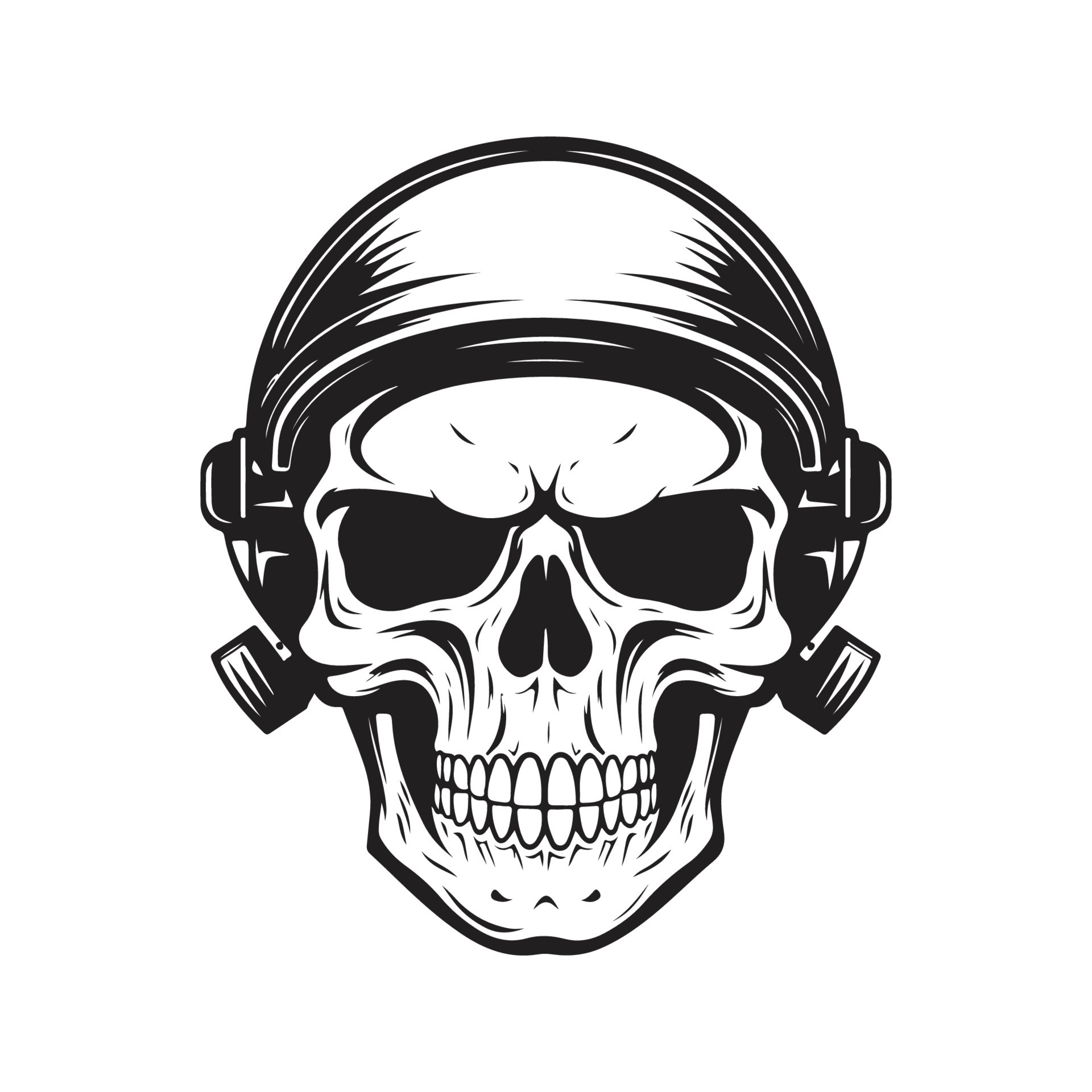 military skull, logo concept black and white color, hand drawn