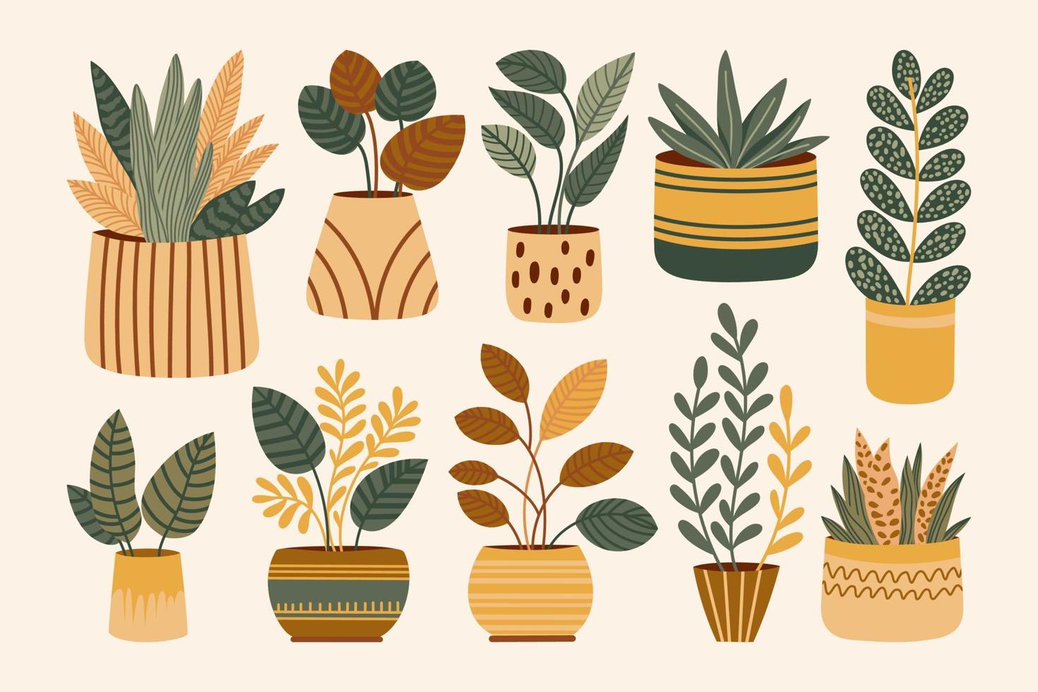 Pot Plants Flat Isolated Set vector