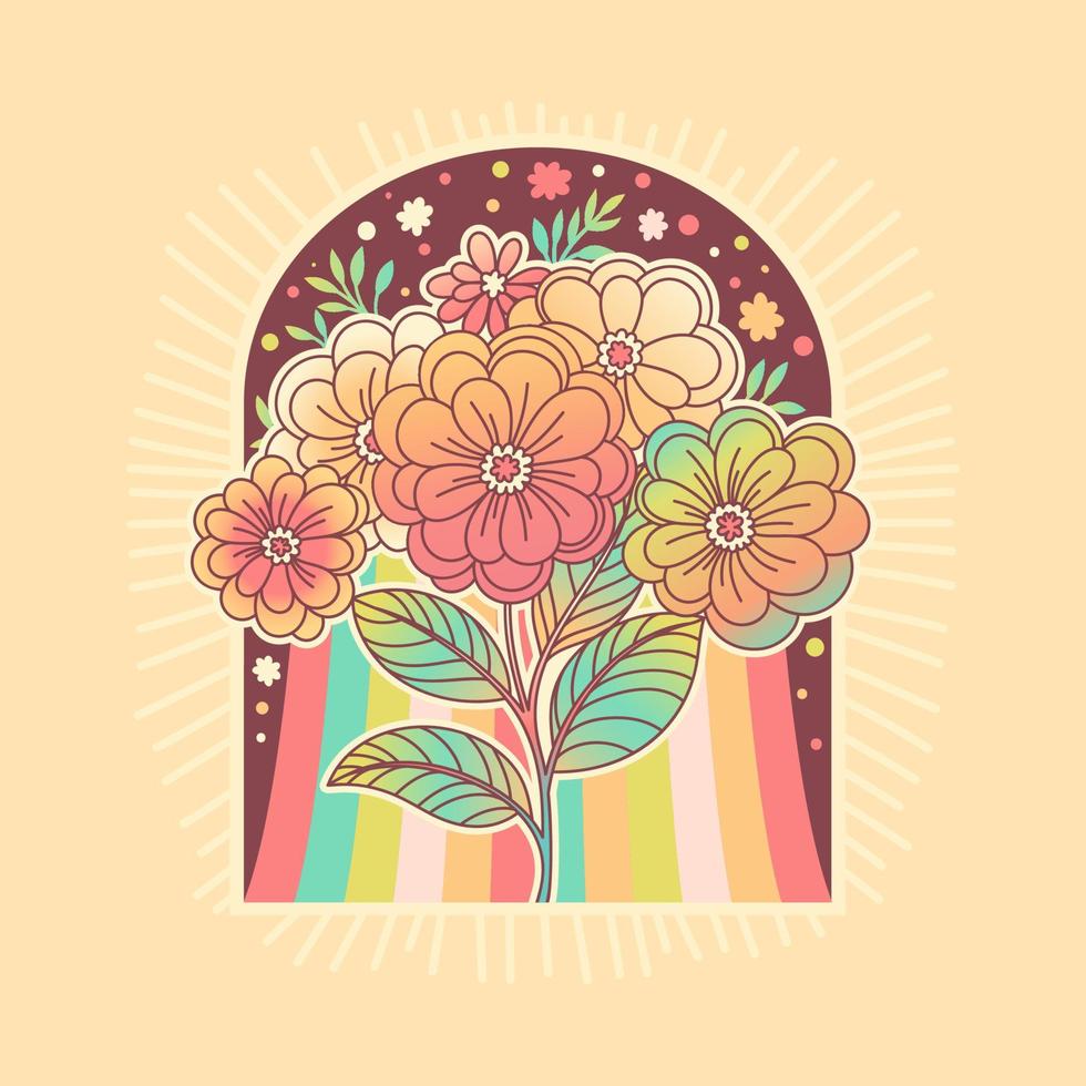 Flowers and Rainbow. Hippie style groovy vibes vector