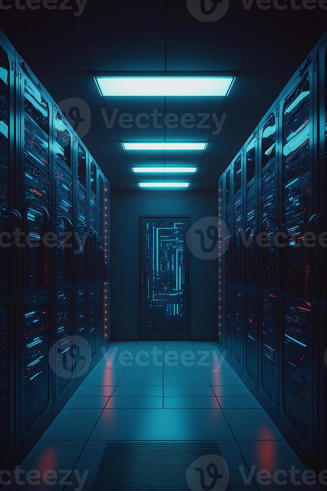 Data server racks hub room with big data computer center. Blue corridor interior for hosting storage hardware system photo