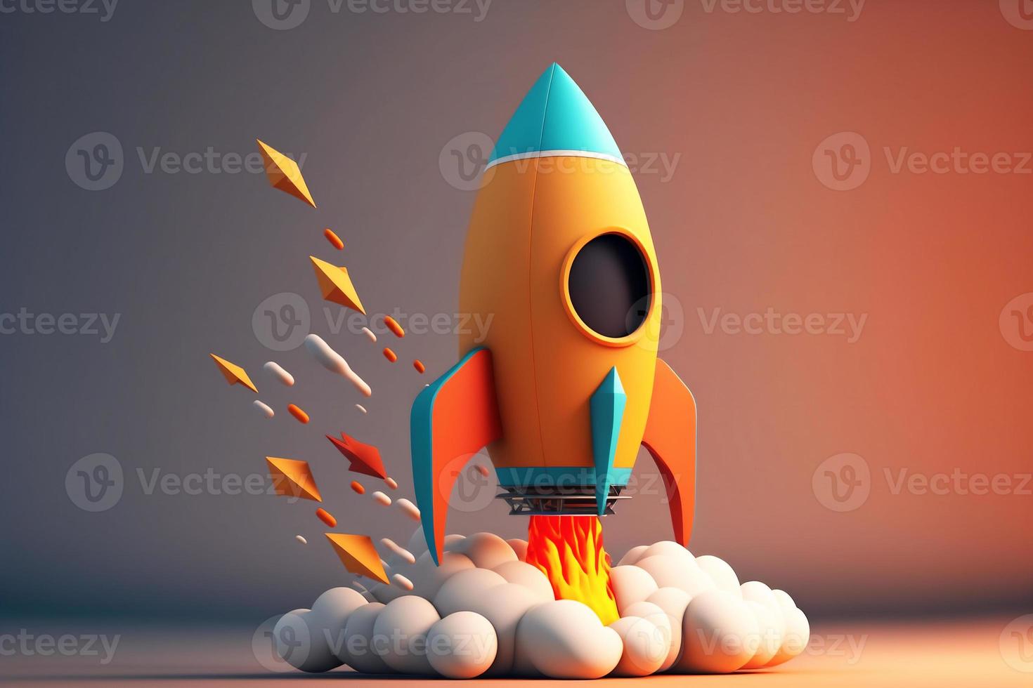 Cartoon yelllow rocket spaceship shuttle launch creating flame and cloud isolated on color background. photo