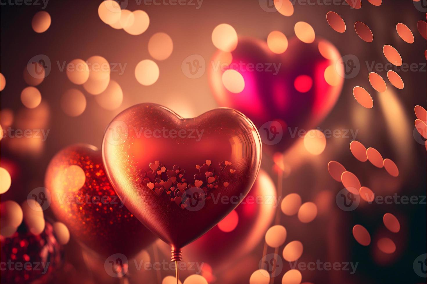 Red heart air balloon background with glitter bokeh shapes. Design concept for holiday, valentine day, birthday party red hearts on ribbons. photo