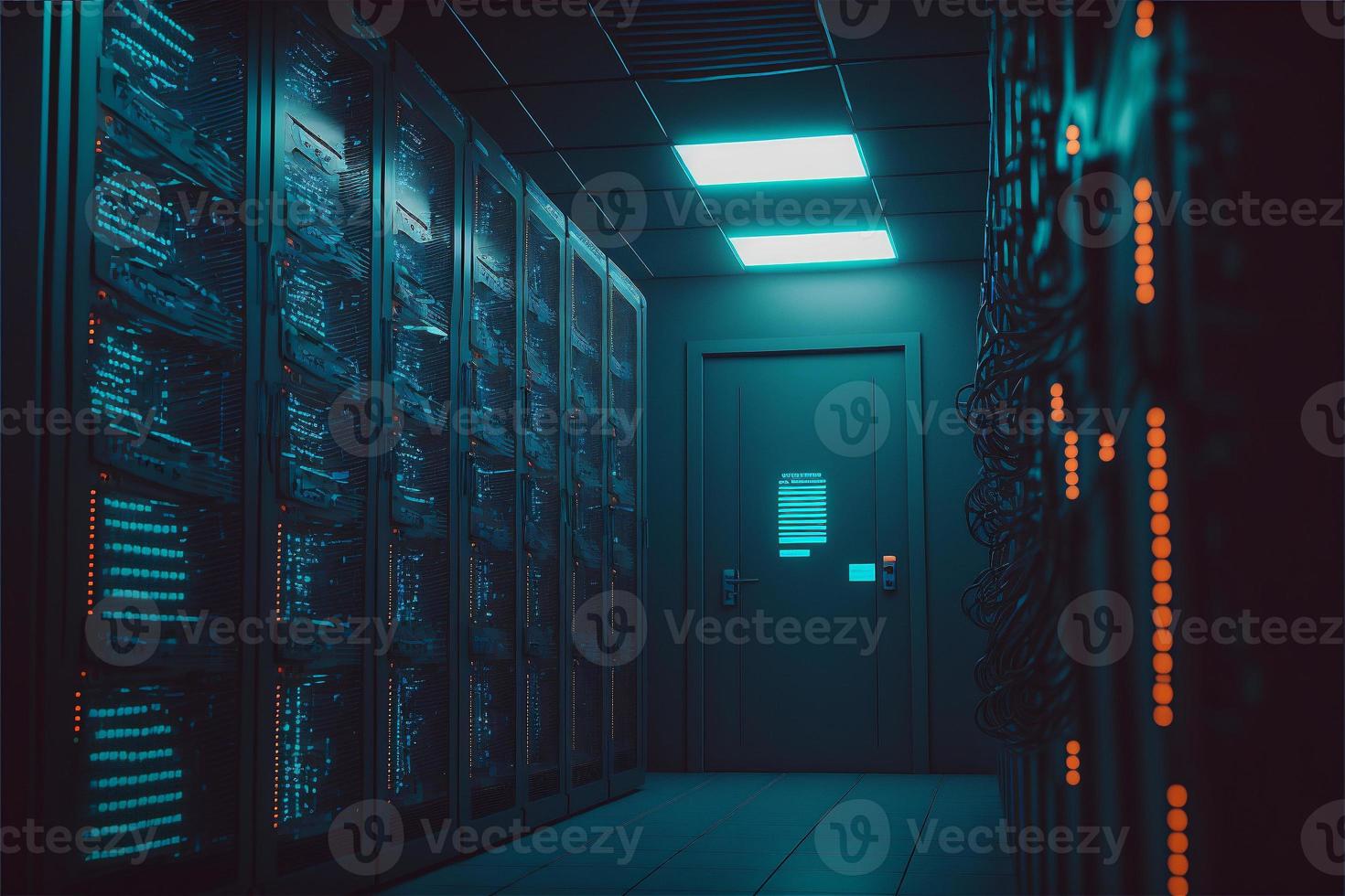 Server rack room with big data cyber network. Green light corridor interior modern communication hosting storage hardware system photo