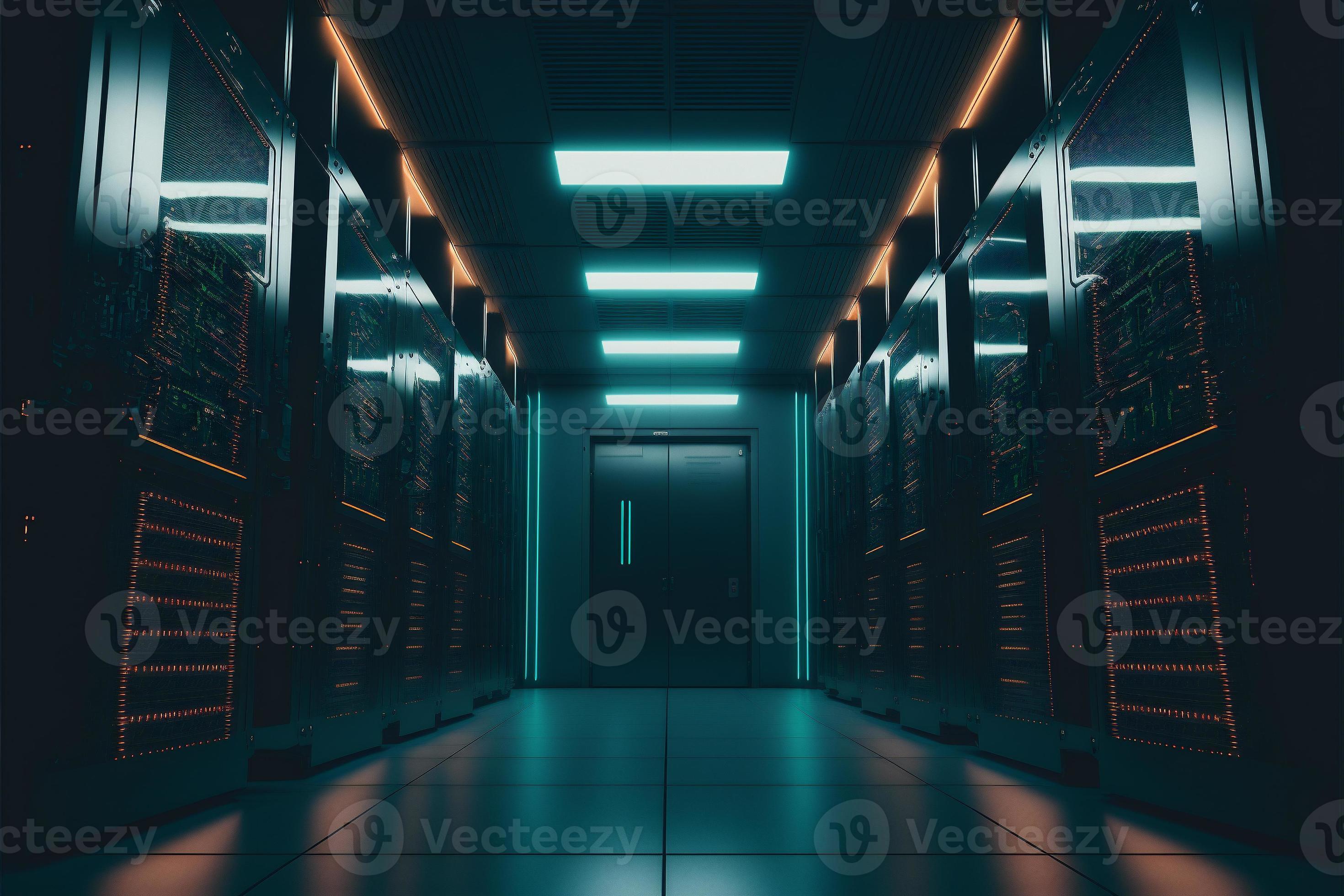 Cloud rack room with big data cyber network datacenter. Green light