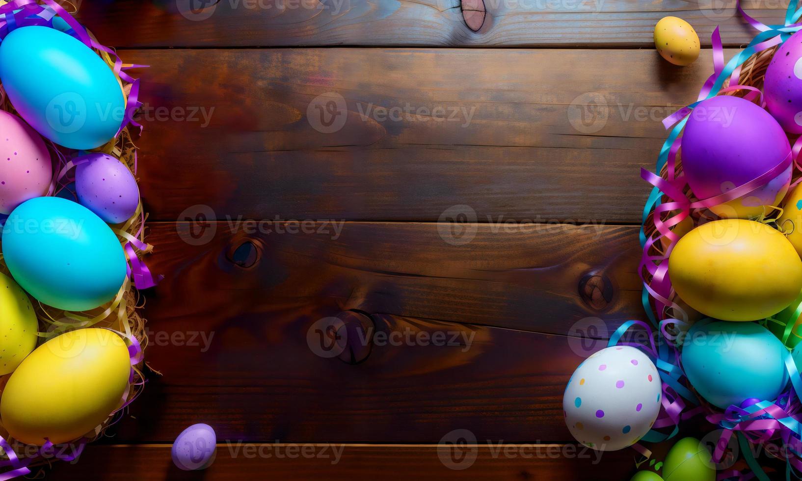 Vibrant Easter Eggs with Ribbon and Hay on Wooden Floor photo