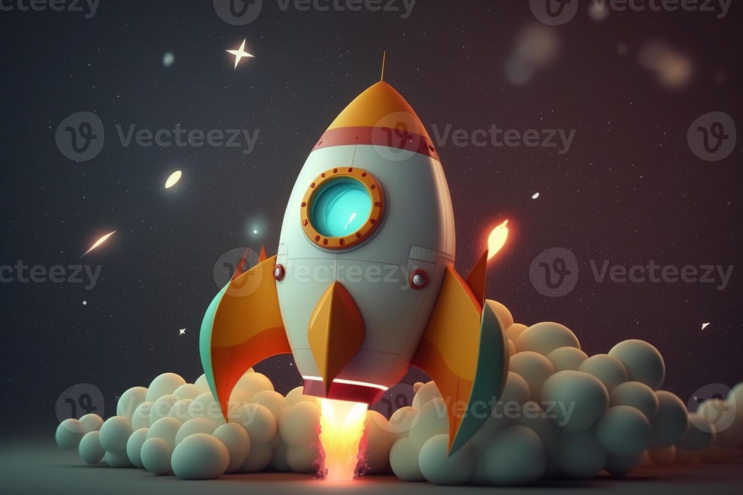 Cartoon rocket taking off with sphere cloud smoke on cosmos background. photo
