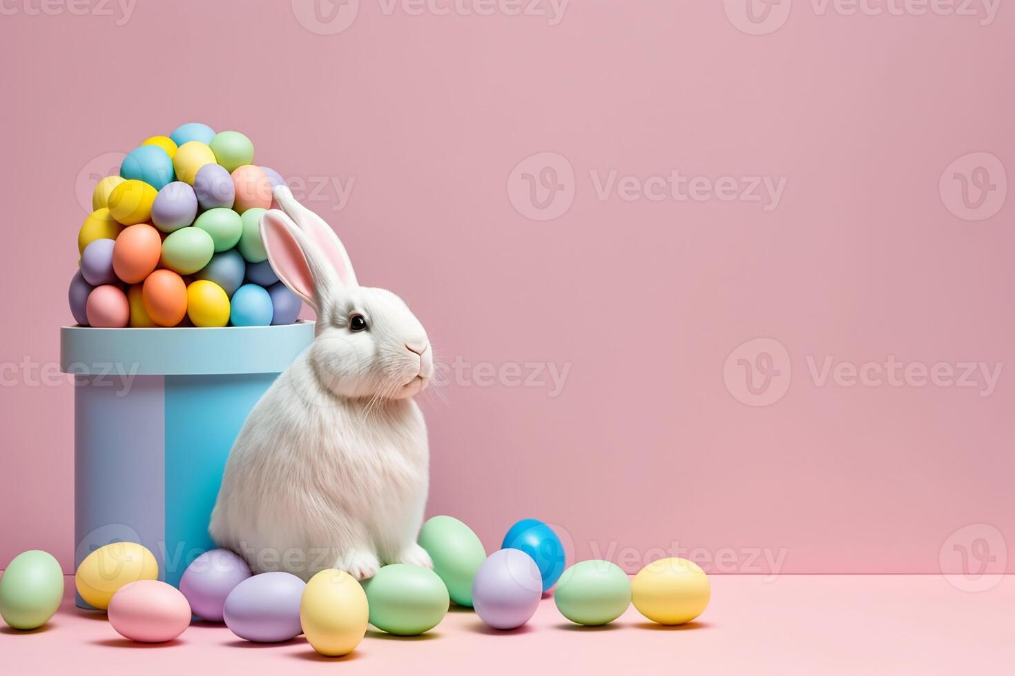 White rabbit surrounded by colorful eggs, in front of pedestal stacked with eggs on pink background. . photo