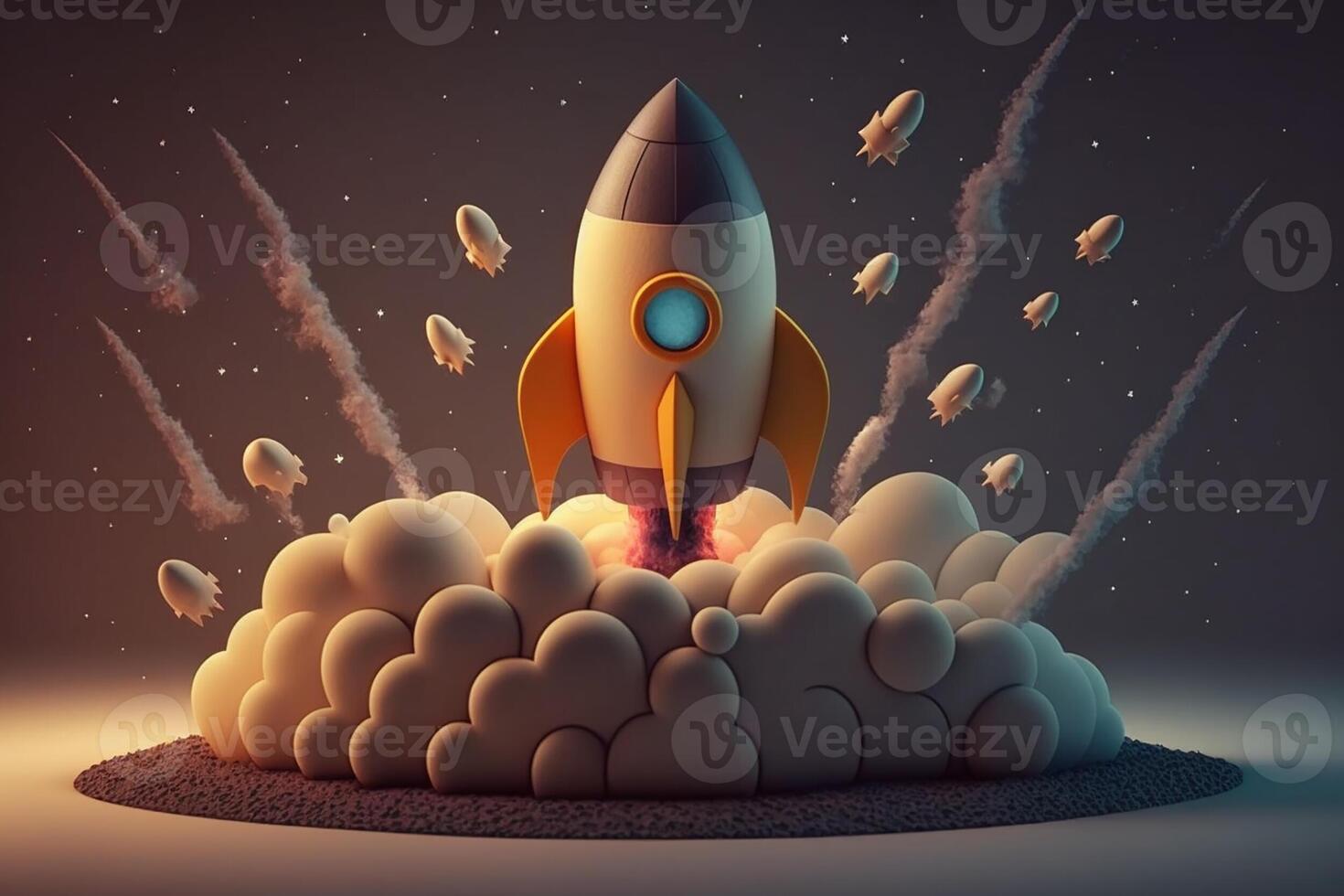 Cartoon style rocket launching with small missiles on galaxy background, front view. Concept of startup business taking off. photo