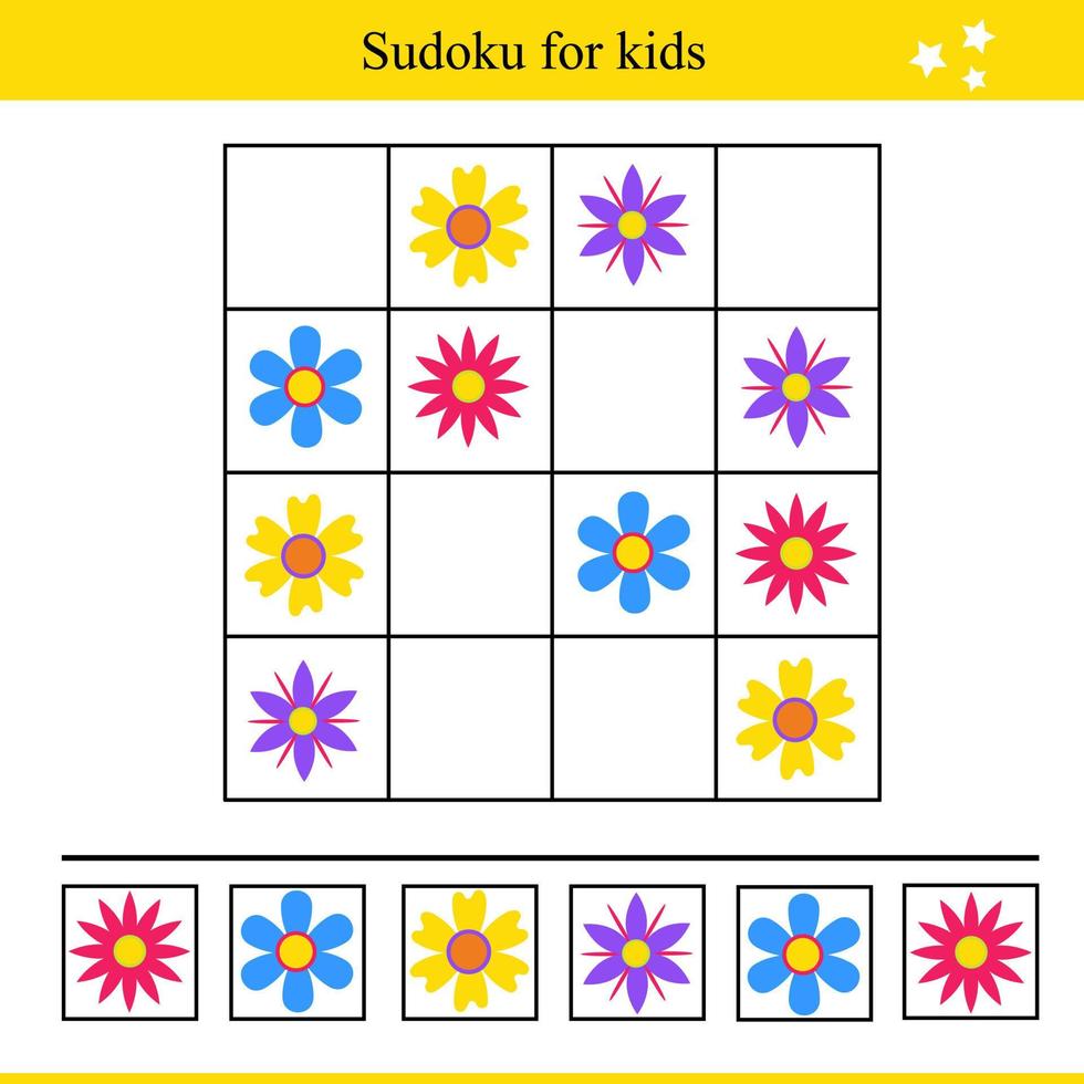 Sudoku For Kids with Colorful Flowers. Educational Game For Children vector