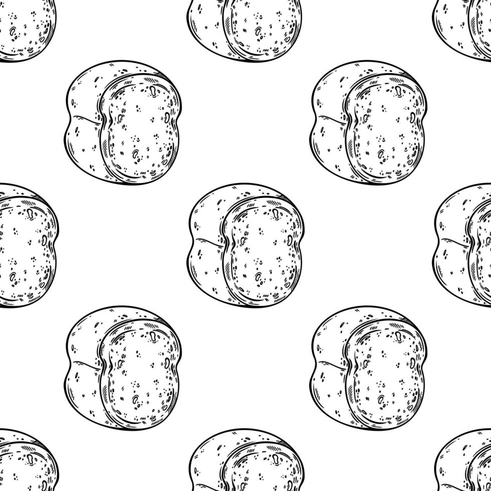 Bread seamless vector pattern. Organic grain baked goods. Half a loaf for breakfast, toast, sandwiches. Fresh homemade pastries. Food sketch, doodle, line art. Background for wrapping paper, packaging