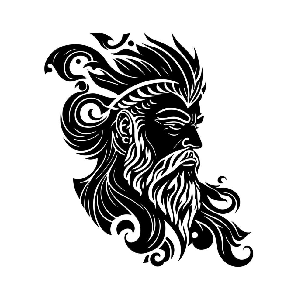 Regal Poseidon God with a beard, mustache, and crown. Vector illustration perfect for mythology-inspired designs, book covers, posters, and more.