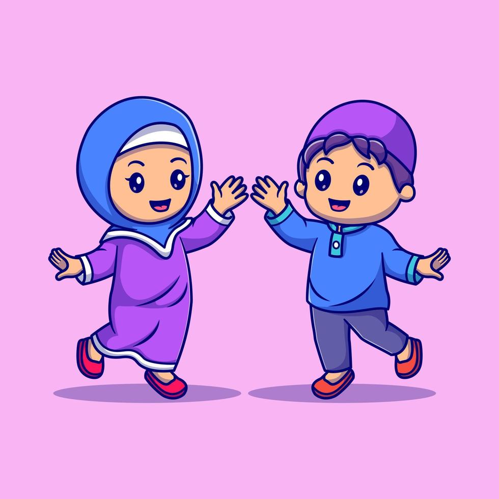 Cute happy muslim boy and girl cartoon vector icon illustration