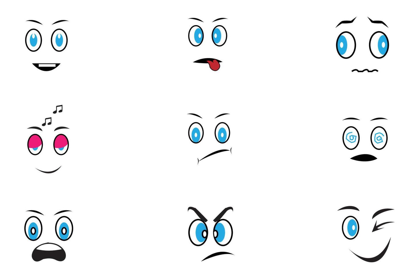 Cartoon faces. Expressive eyes and mouth, smiling, crying and surprised character face expressions. Illustration. vector
