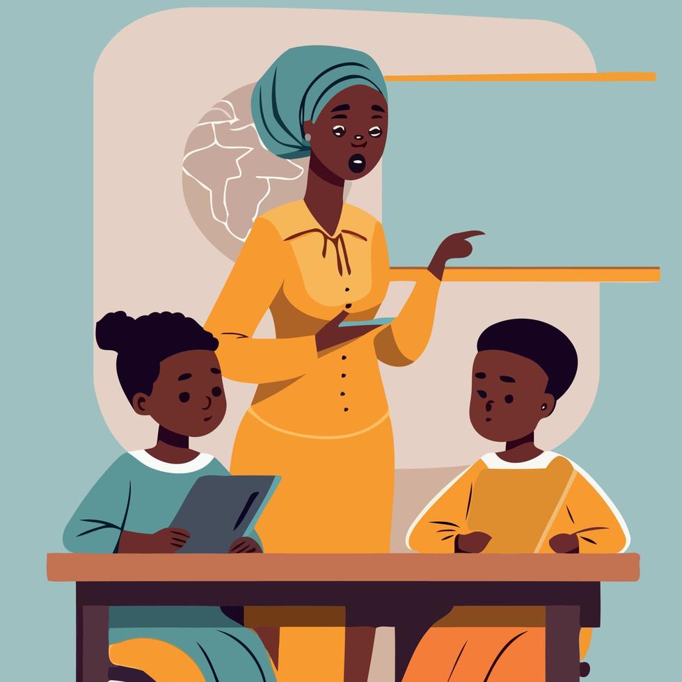 Teachers day female black teacher and two kids vector