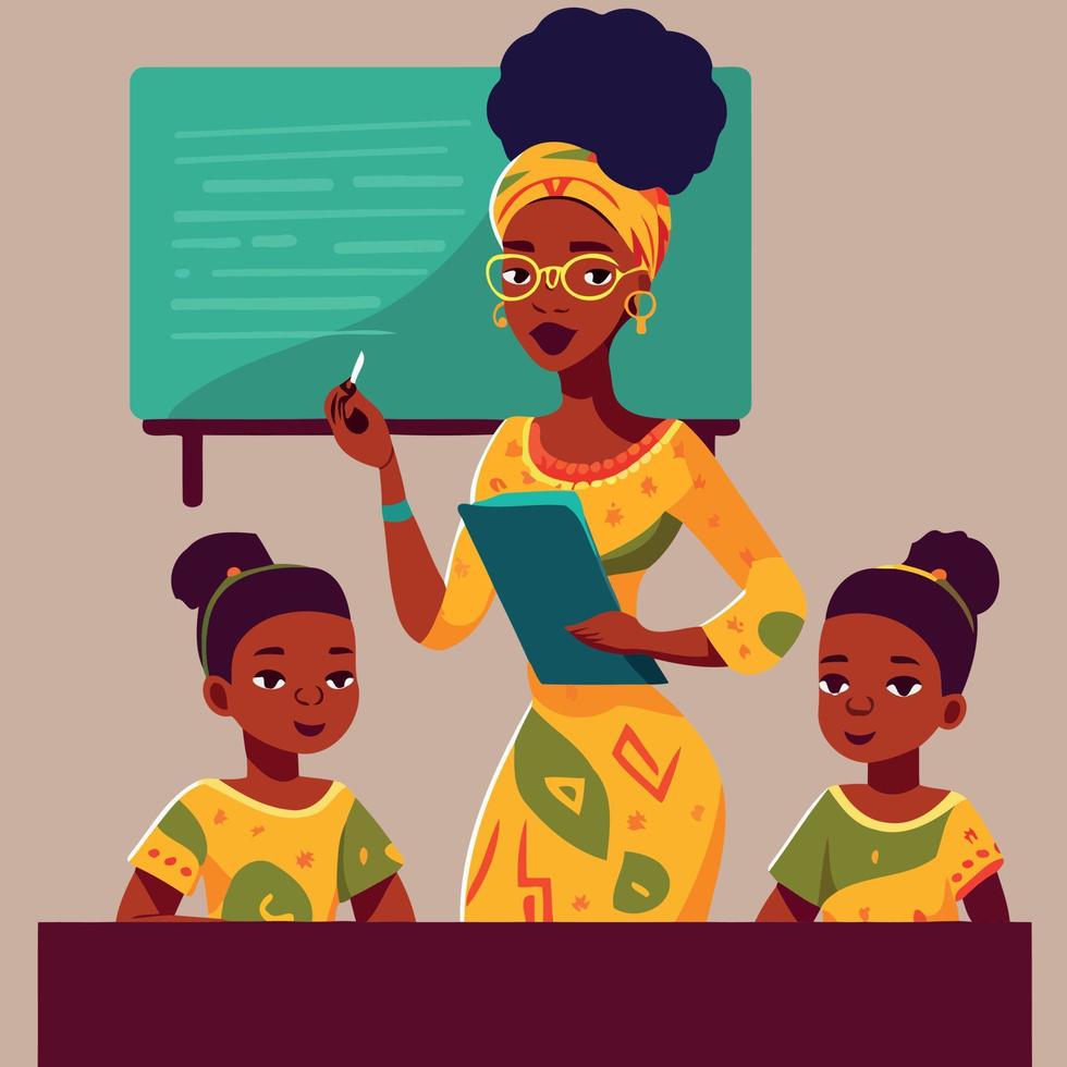 Teachers day female black teacher and two kids vector