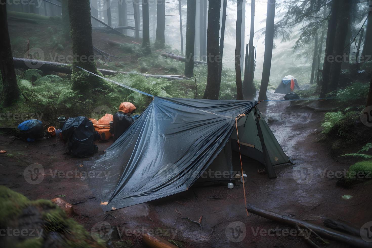 Wilderness Survival. Bushcraft Tent Under the Tarp in Heavy Rain, Embracing the Chill of Dawn. A Scene of Endurance and Resilience photo