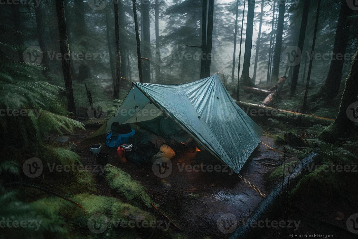 Wilderness Survival. Bushcraft Tent Under the Tarp in Heavy Rain, Embracing the Chill of Dawn. A Scene of Endurance and Resilience photo