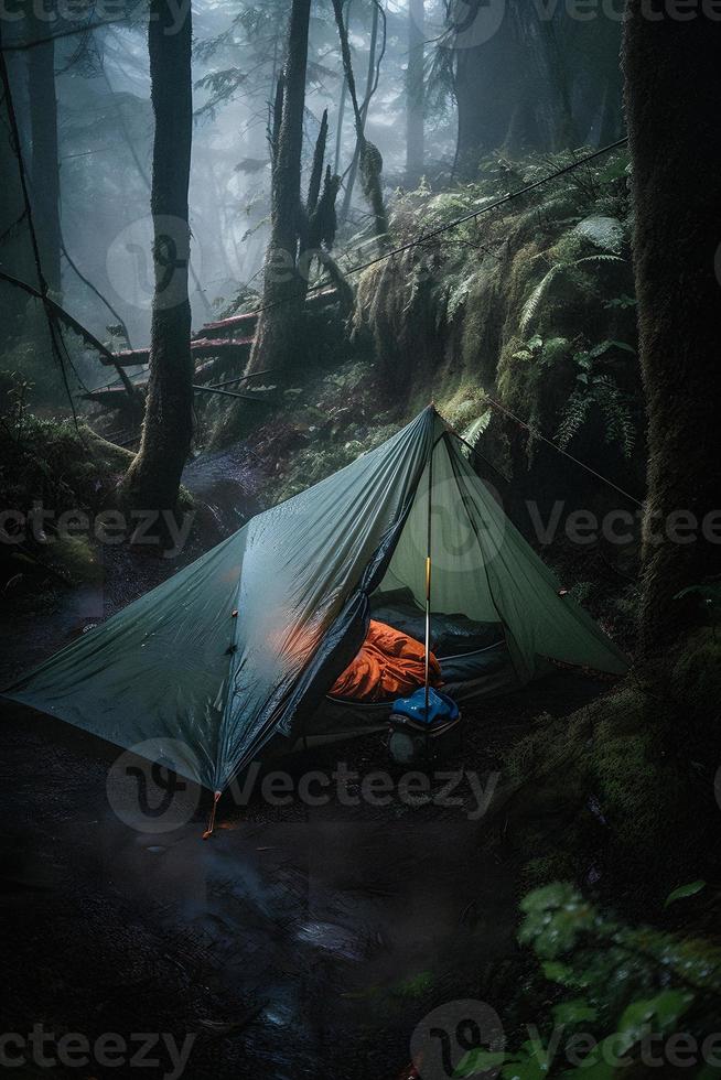 Wilderness Survival. Bushcraft Tent Under the Tarp in Heavy Rain, Embracing the Chill of Dawn. A Scene of Endurance and Resilience photo