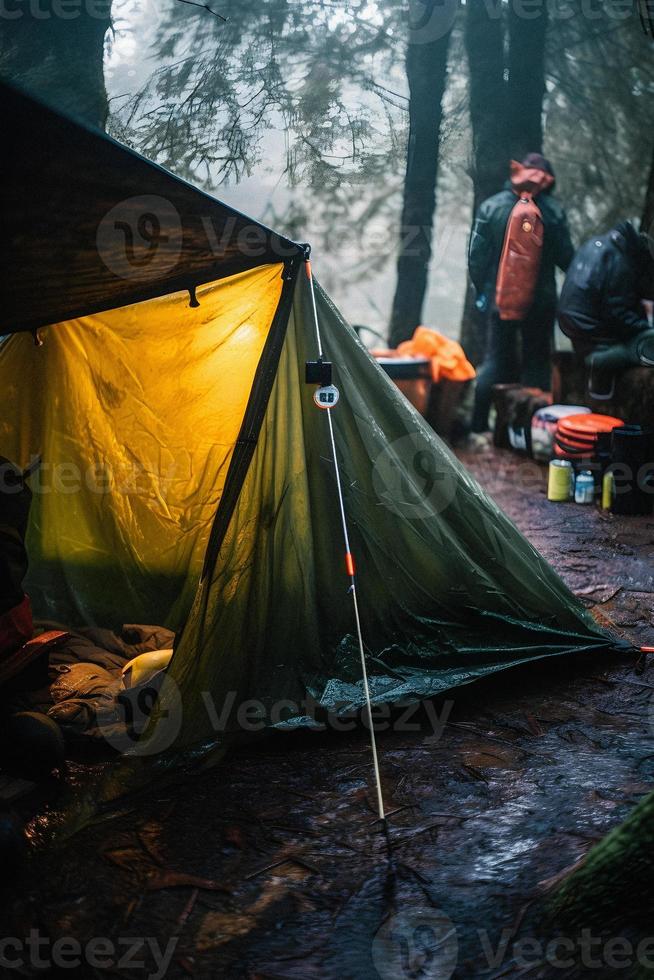 Wilderness Survival. Bushcraft Tent Under the Tarp in Heavy Rain, Embracing the Chill of Dawn. A Scene of Endurance and Resilience photo